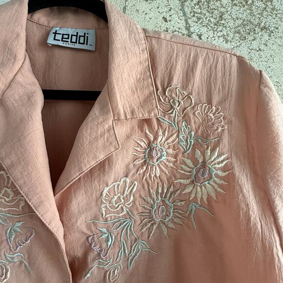 Vintage Cottagecore Embroidered Lounge Set Peach Button Shirt Pants - Picture 6 of 8